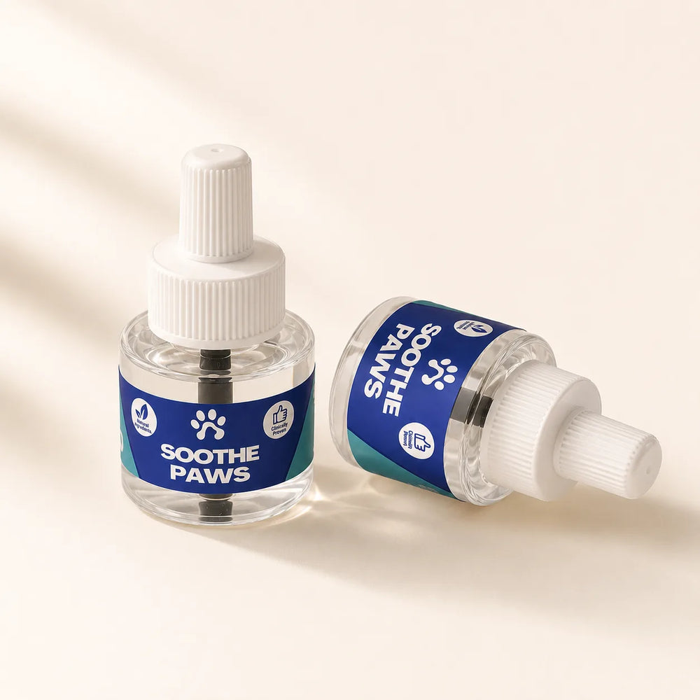 SoothePaws Cat Calming Pheromone Refill bottle close-up premium product detail showing refill mechanism with natural light and soft shadow