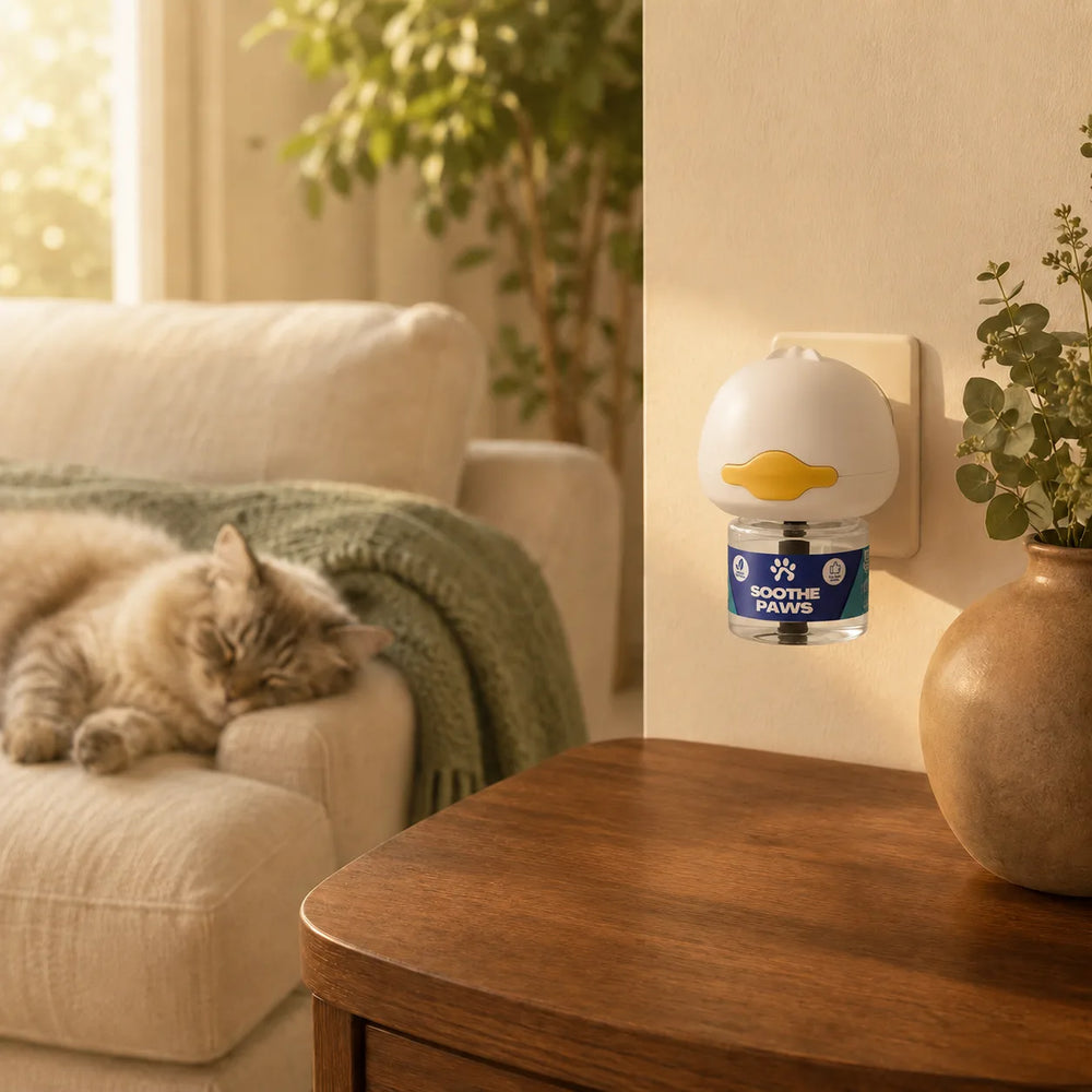 Calm cat sleeping on sofa with SoothePaws pheromone diffuser plugged into wall nearby feline anxiety relief at home in warm living room 