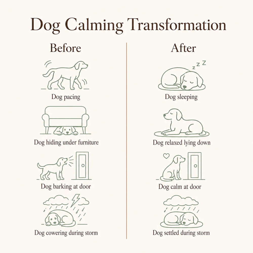 Dog anxiety transformation before and after SoothePaws — pacing becomes sleeping, hiding becomes relaxed, barking becomes calm, cowering becomes settled 