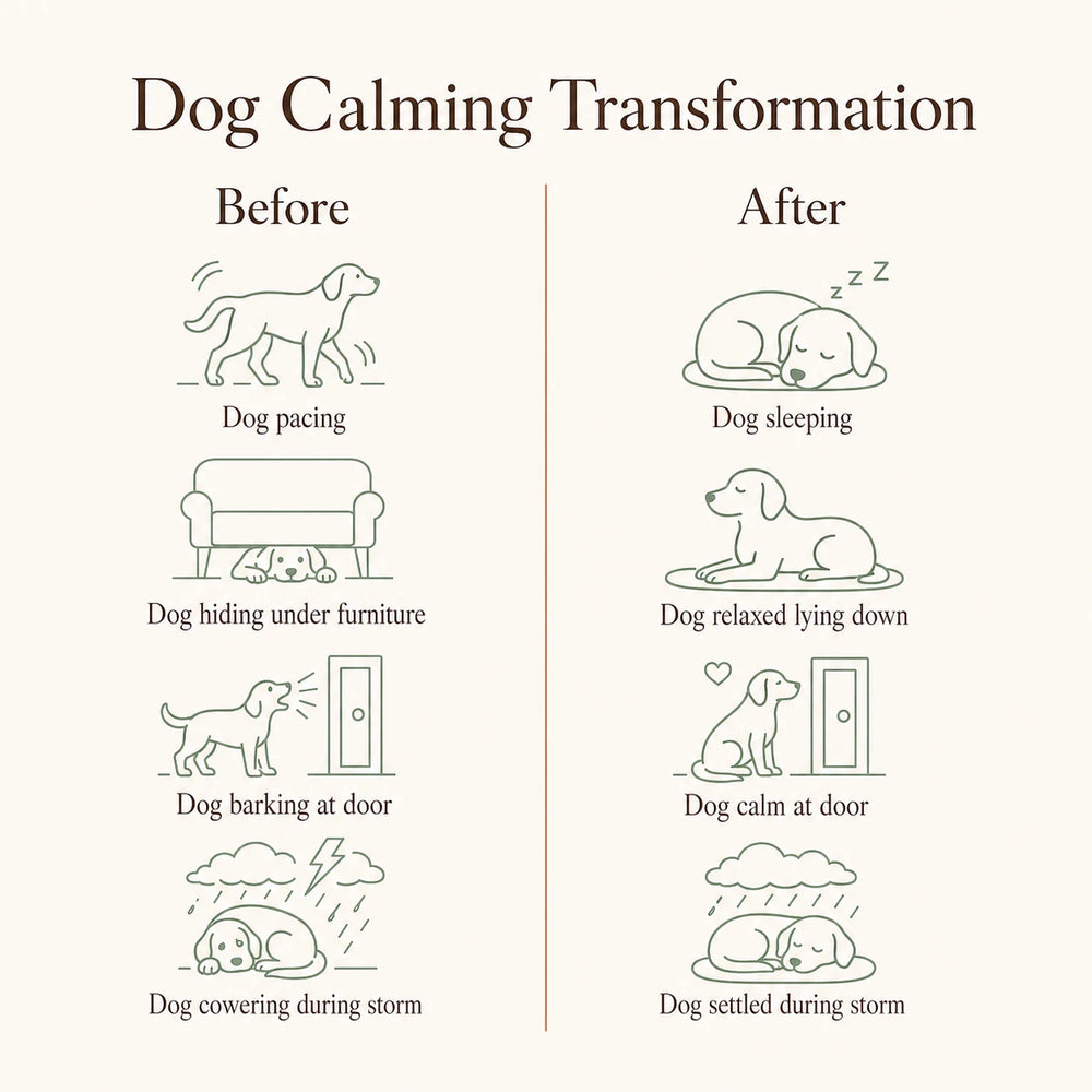 Dog anxiety transformation with SoothePaws refills — pacing becomes sleeping, hiding becomes relaxed, barking becomes calm, cowering becomes settled rest 