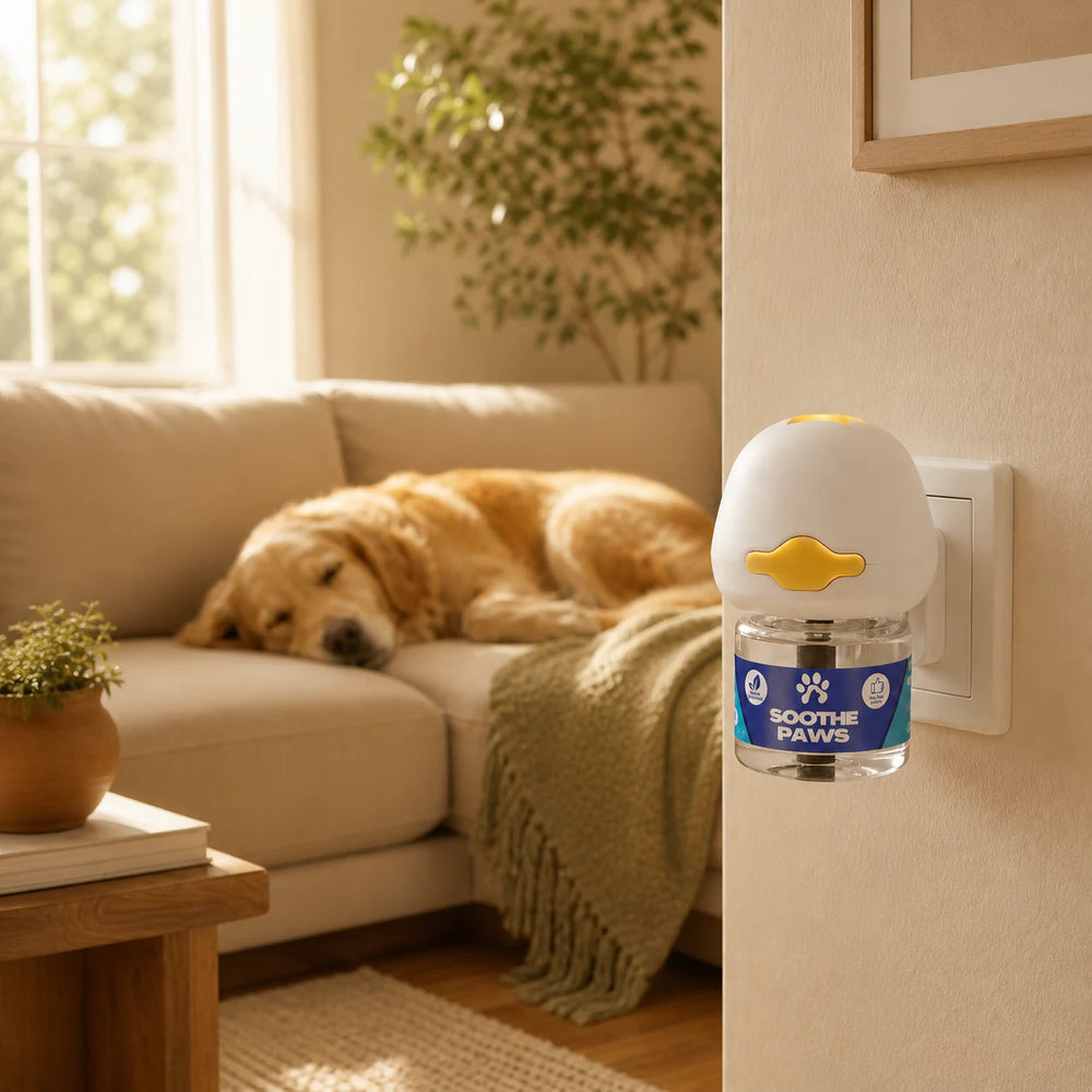 Golden retriever sleeping peacefully on sofa with SoothePaws calming diffuser plugged in nearby in a warm living room 