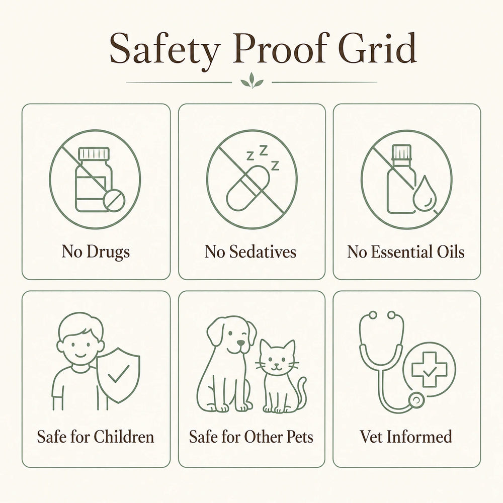 SoothePaws Dog Calming Diffuser safety proof — no drugs, no sedatives, no essential oils, safe around children and other pets, vet-informed formulation 