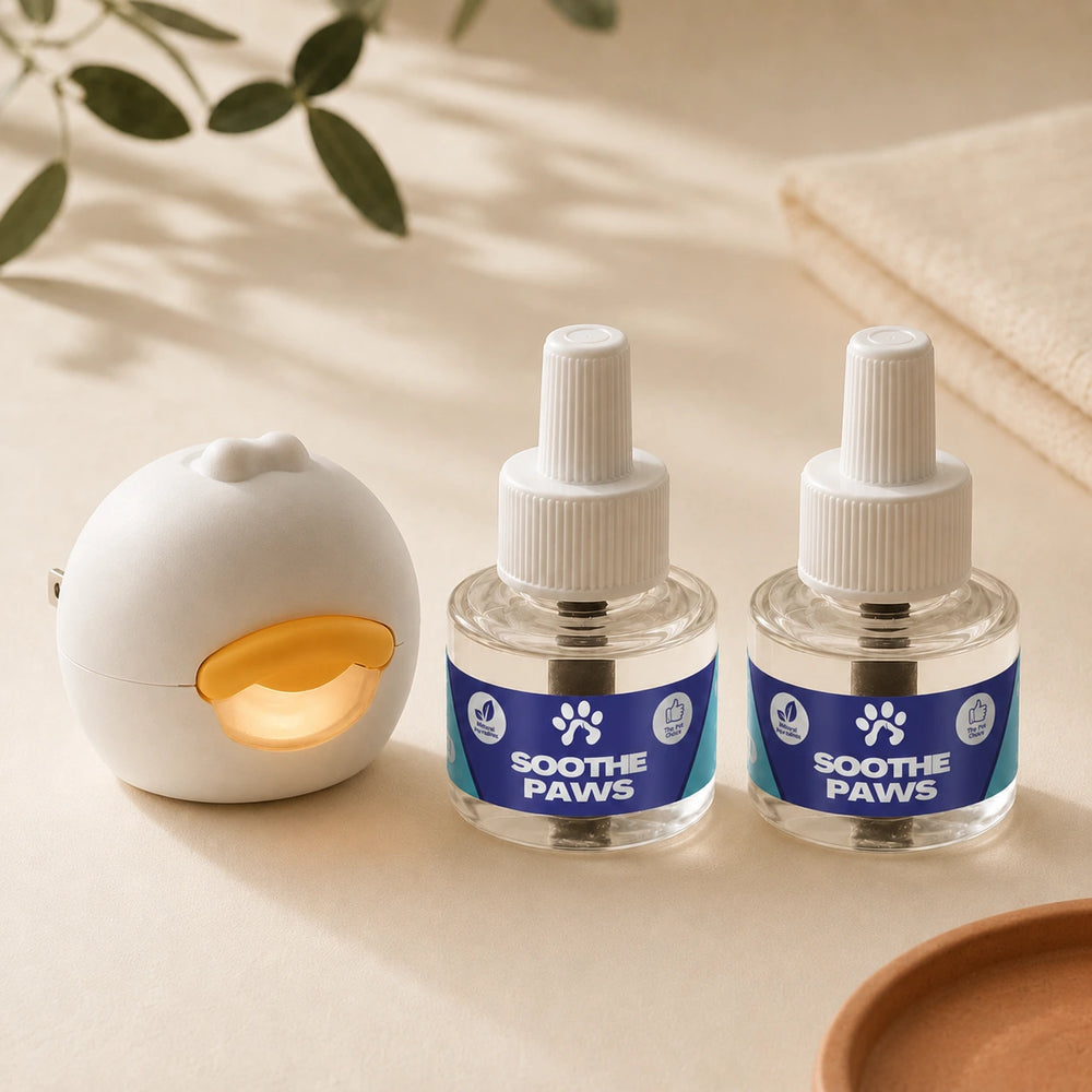 Two 'Soothe Paws' products on a neutral background with a warm glow.
