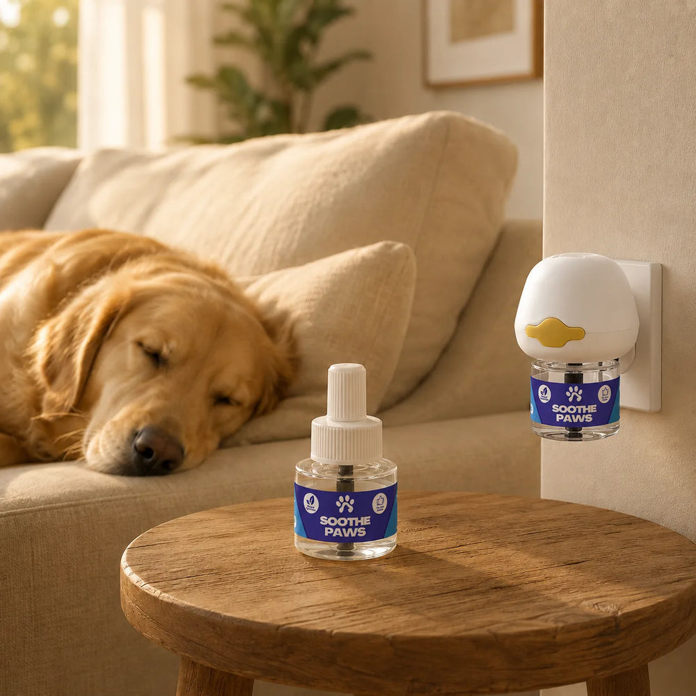Golden retriever sleeping on sofa with SoothePaws pheromone refill on side table and diffuser plugged into wall calm dog at home in warm living room 