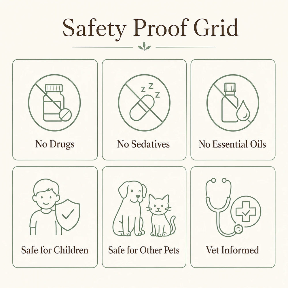 SoothePaws Dog Calming Refills safety proof — no drugs, no sedatives, no essential oils, safe around children and other pets, vet-informed pheromone formulation 