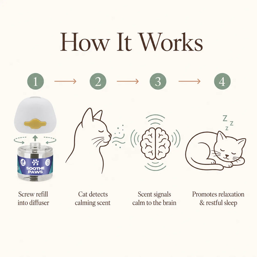 How SoothePaws Cat Calming Refills work in 4 steps screw refill into diffuser, cat detects calming scent, scent signals calm to brain, cat relaxes and rests 