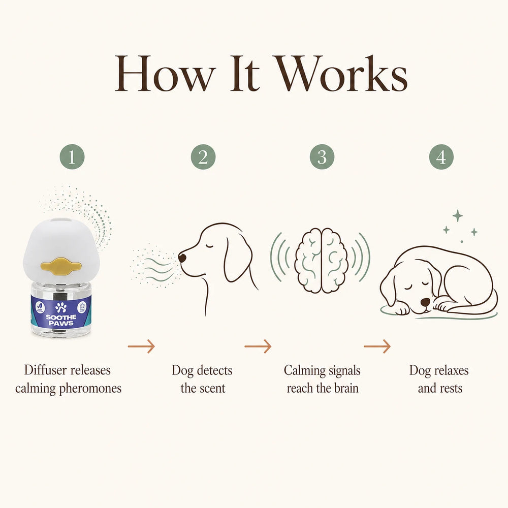 How the SoothePaws Dog Calming Diffuser works in 4 steps — diffuser releases pheromones, dog detects scent, signals reach brain, dog relaxes