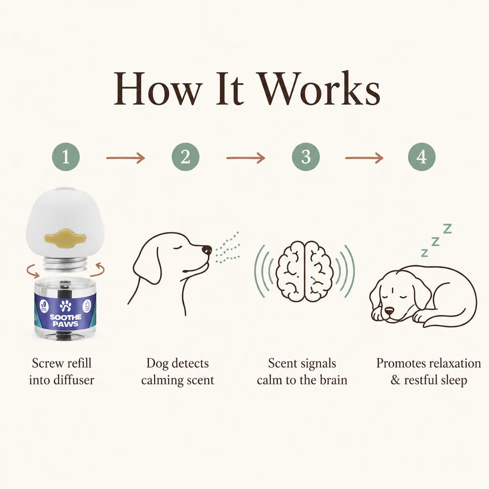 How SoothePaws Dog Calming Refills work in 4 steps screw refill into diffuser, dog detects calming scent, scent signals calm to brain, dog relaxes and rests