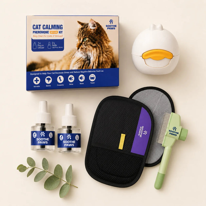 SoothePaws Calm and Groom Bundle cat version — diffuser, two 30-day feline pheromone refills, grooming glove and detangling comb, save 30% 