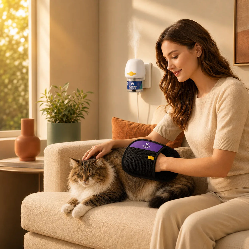 Pet being calmly groomed with SoothePaws silicone glove while calming diffuser runs in the background — the complete calm grooming routine 