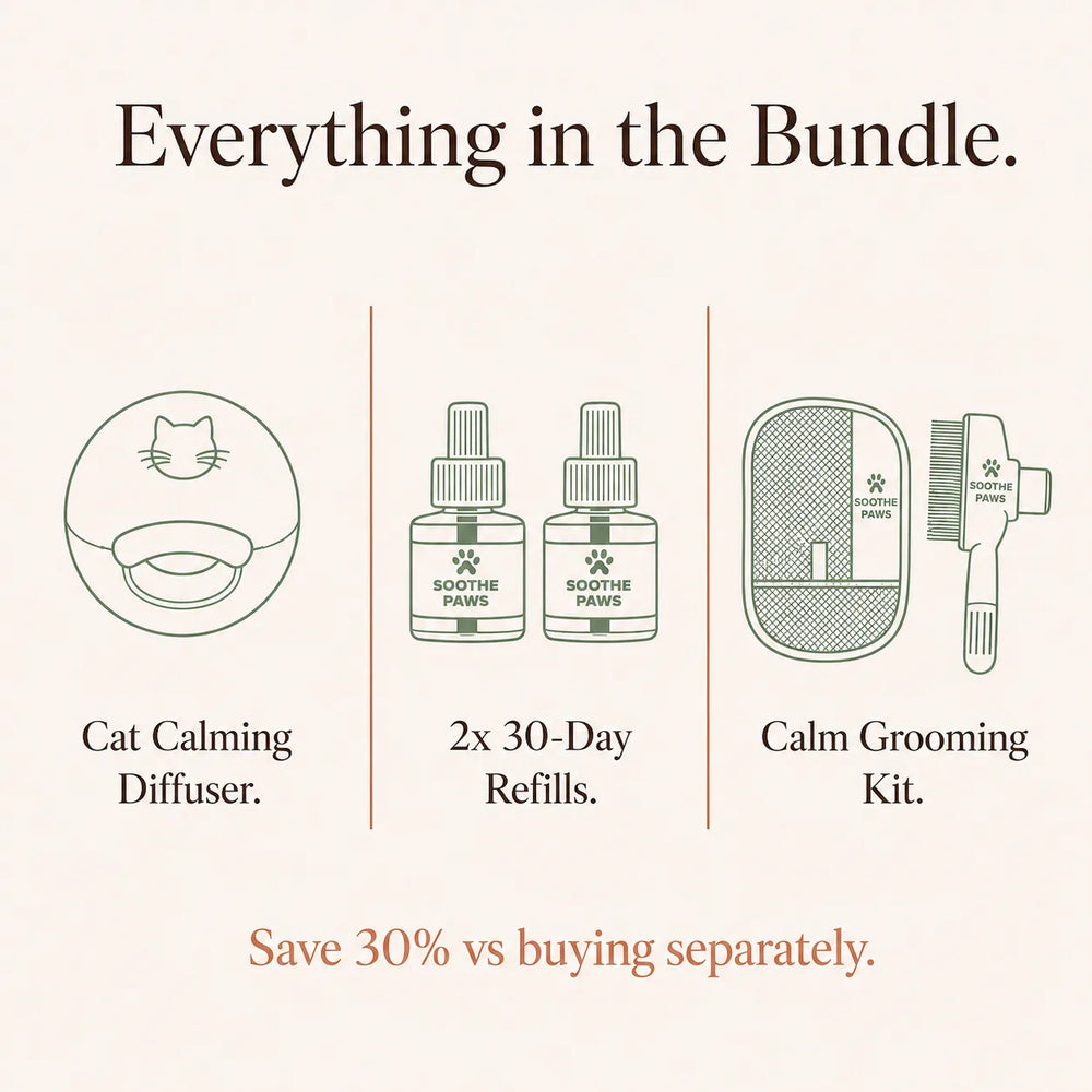 SoothePaws Calm and Groom Bundle value graphic — regular total $93, bundle price $65, save 30% on the complete calming and grooming system 