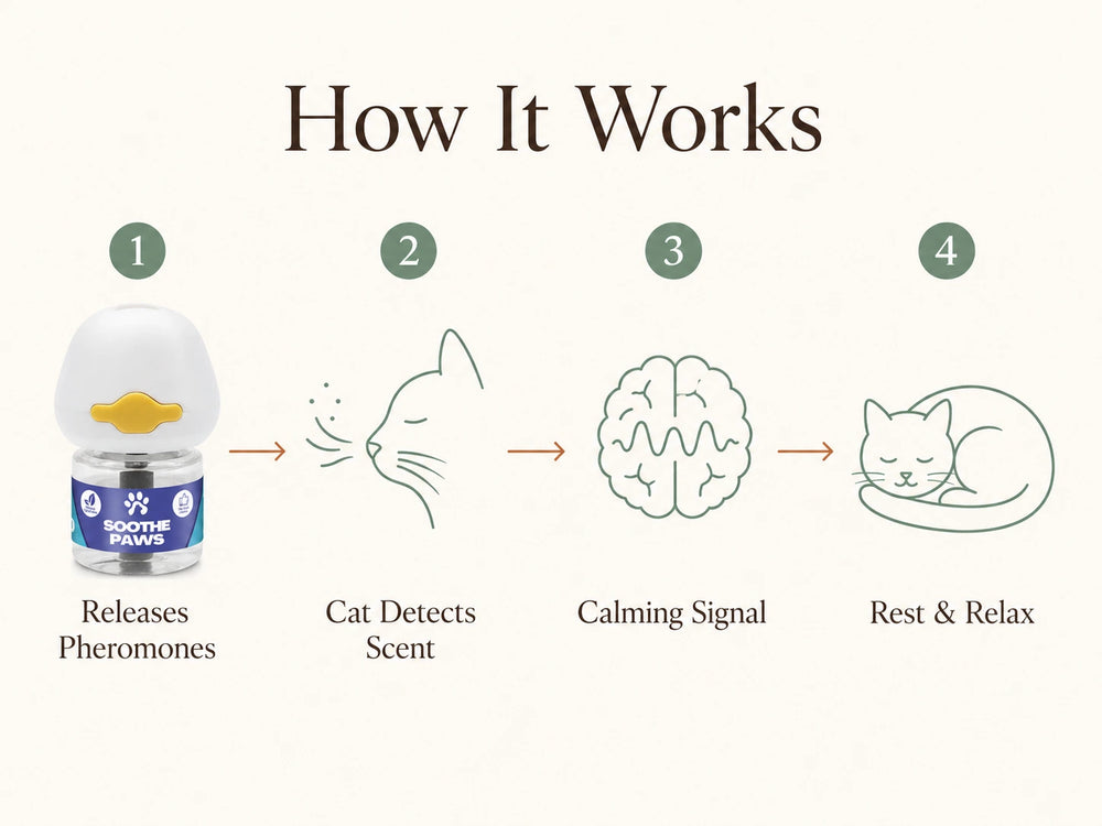 Diagram showing how a product labeled 'Soothe Paws' works with cats, including releasing pheromones, detecting scent, sending a calming signal, and causing rest and relaxation.
